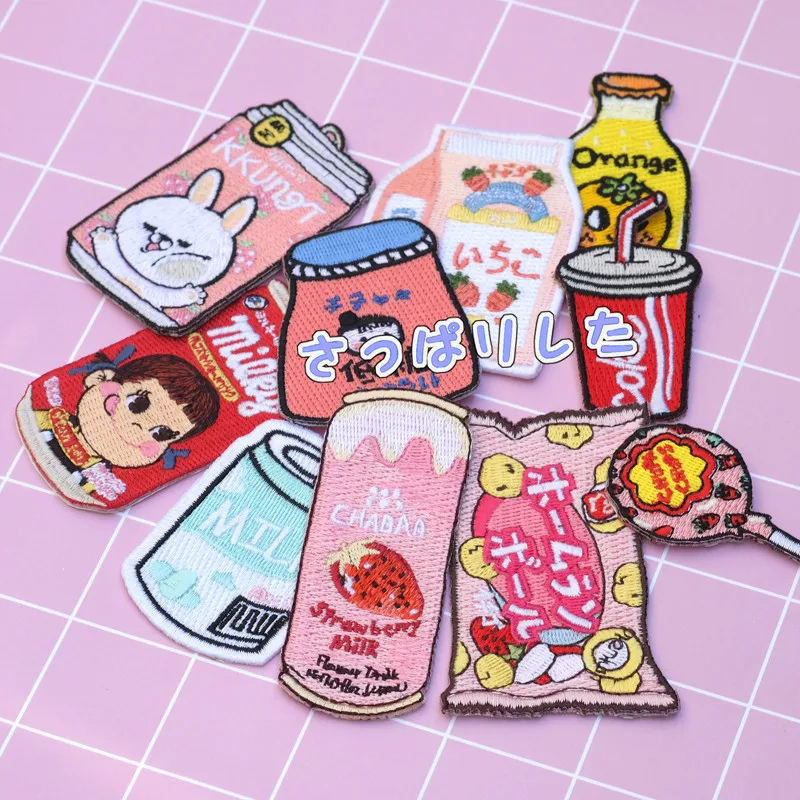 Cute fashion drinks candy sticker embroidery cloth paste clothing patch hole DIY accessories stick on patch for kids clothes