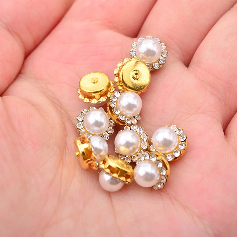 JUNAO 8 10 12 mm Sewing White Pearl Rhinestone Gold Claw Crystal Stone Sew On Round Strass Flower Applique for Dress  Jewelry