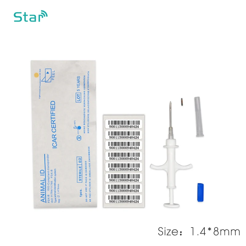 (80pcs/lot) Animal microchip syringes pet microchip 1.4*8mm FDX-B 134.2KHz RFID animal Id Implantable Syringe injector for dogs