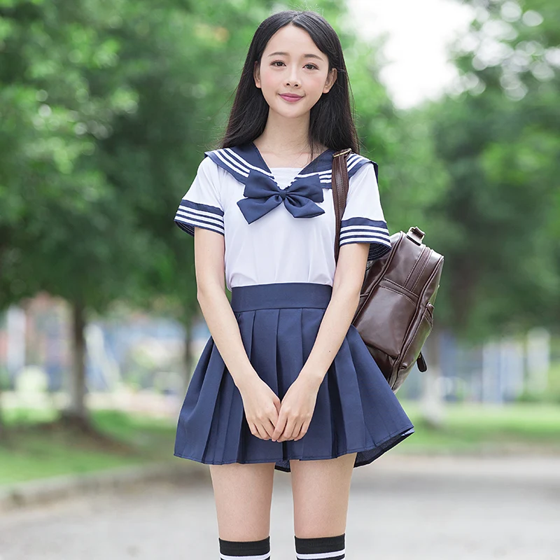 Conjunto de uniforme escolar JK para niñas, traje de marinero, camisa blanca y falda azul oscura, Cosplay para estudiantes