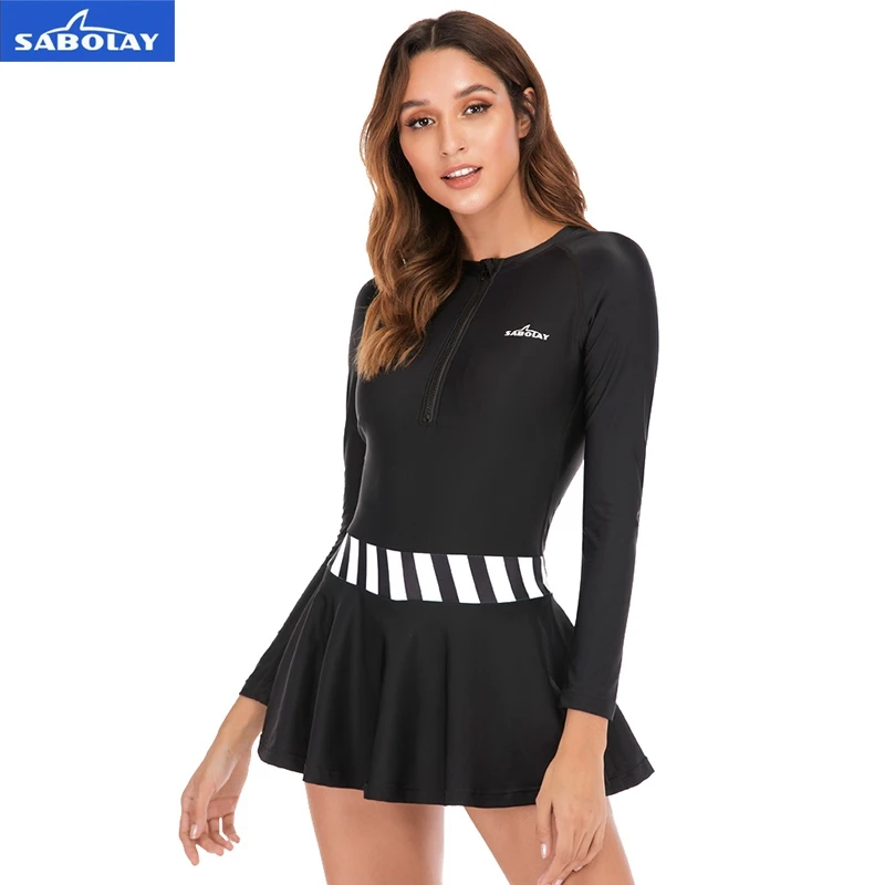 SABOLAY Women Long Sleeve Rash Guards Swimsuit Shirt Brief Swimwear Dresses Bathing Suit Summer Beach Swimming Elastic Skirt