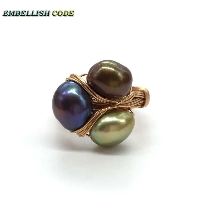 NEW Design Original Pieces Golden With Baroque Pearls Hand Made Ring Peacock Brown Grey Mixed Color Together