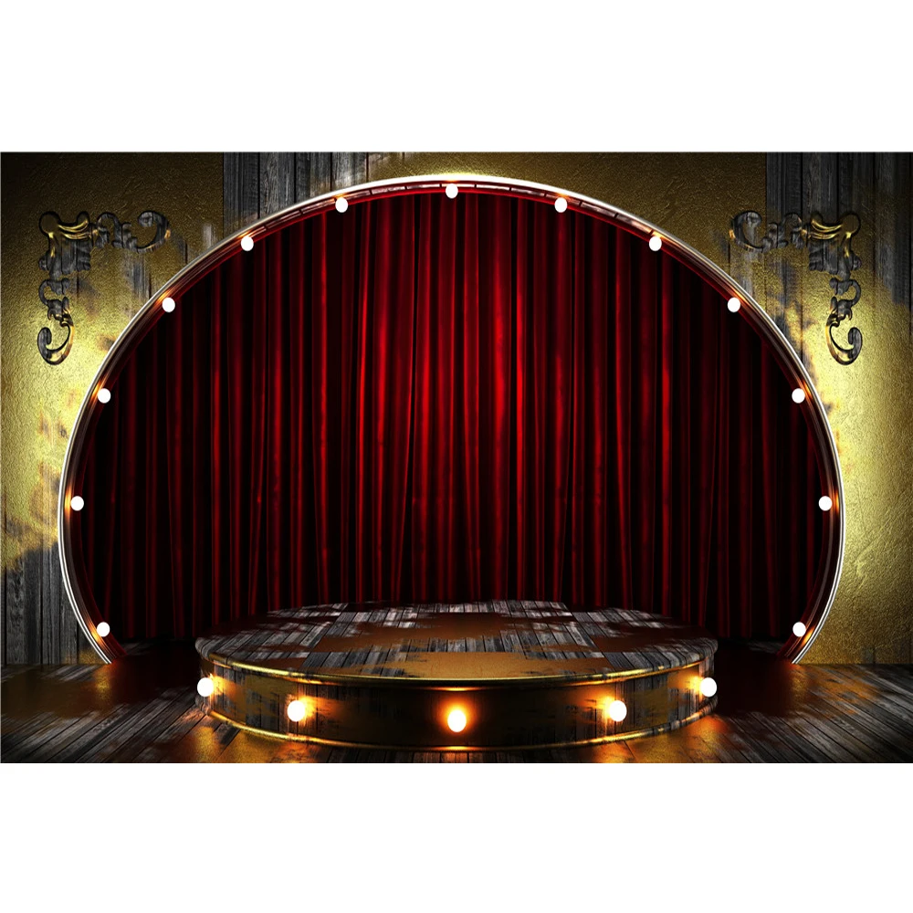 

Digital Printed Arch Door Red Curtain Round Stage Background Photography Gold Wall Wedding Party Photo Booth Backdrop Wood Floor