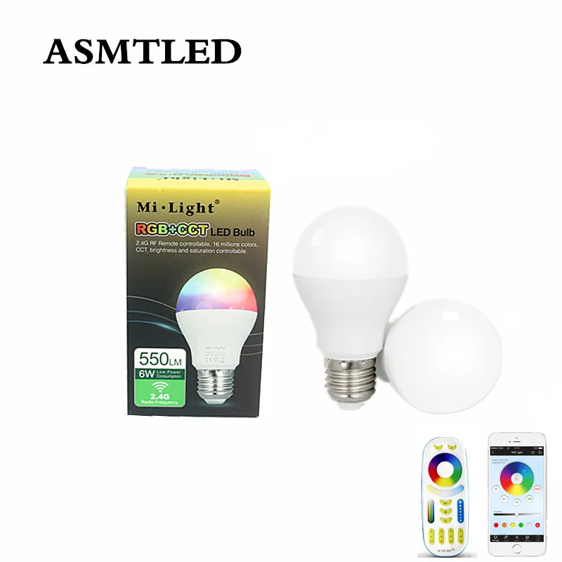 AC 86-265V Mi.Light 6W RGB+CCT LED Light Bulb FUT014 RF Remote Controllable WiFi Smartphones RGBW CCT Dimming For Houses Bars