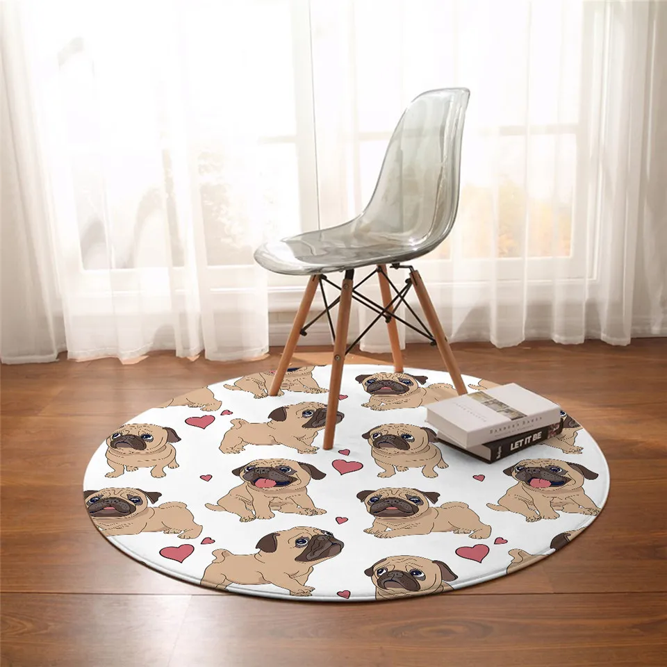 BeddingOutlet Hippie Pug Round Carpets For Living Room Animal Cartoon Area Rug Cute Bulldog Floor Mat for Kids Bedroom Play Mat