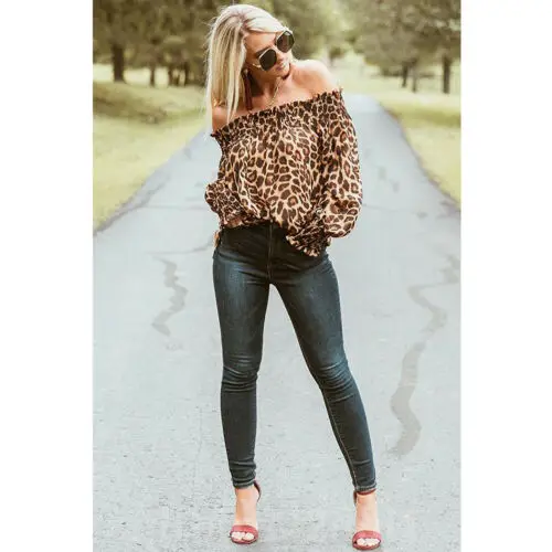 Women Leopard Print Long Sleeve Off Shoulder Blouses Woman Party Club Blouse Ladies Summer Casual Tops Female Clothes Hotsale