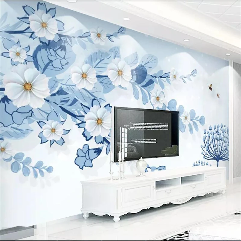 

wellyu Modern minimalist small fresh flowers blue decorative painting background wall custom large mural green wallpaper