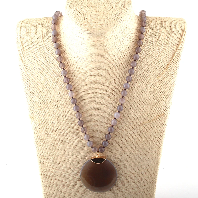 Fashion Bohemian Jewelry Natural Agat Stones Knotted Round Stone Pendant Necklaces For Ethnic Necklace