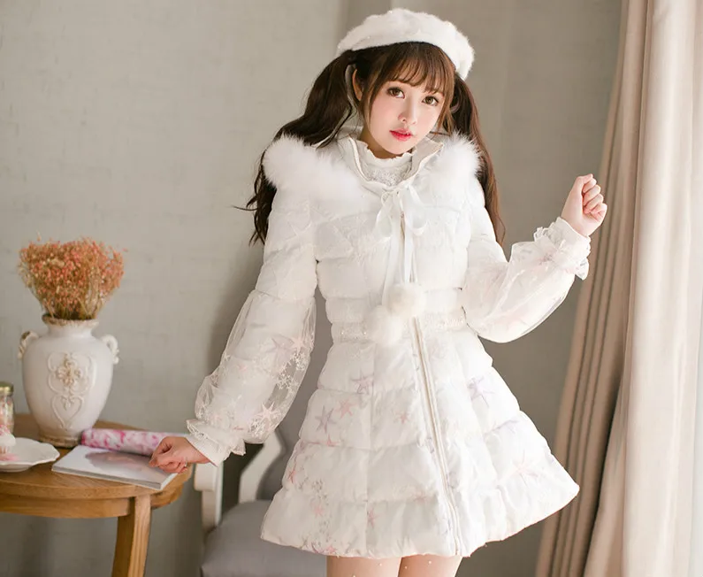 Princess sweet lolita parkas Candy rain winter Japanese Sweet Princess lace fox fur coat Middle and long slim down C22CD7218