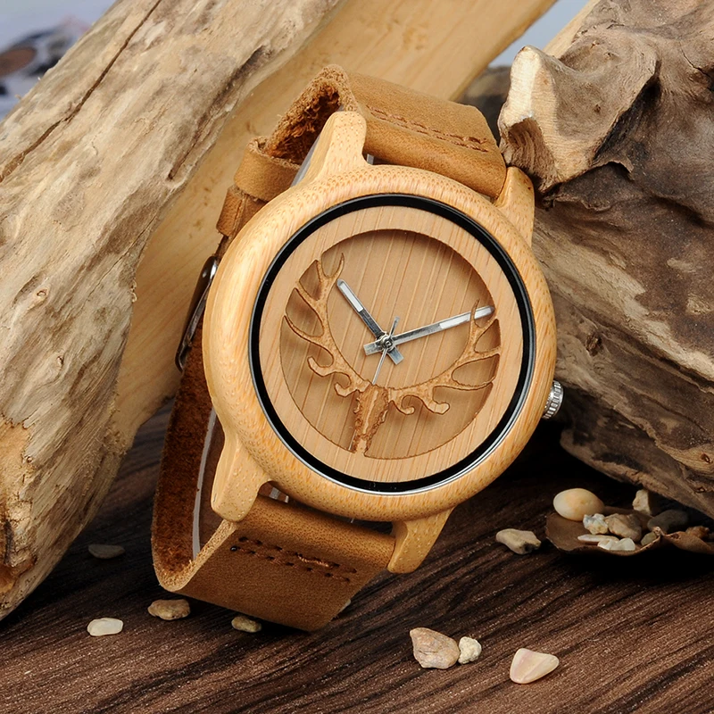 BOBO BIRD Bamboo Watch Men orologi da polso al quarzo in legno con Design a testa di cervo Buck cinturino in vera pelle personalizza Relogio Drop Shipping