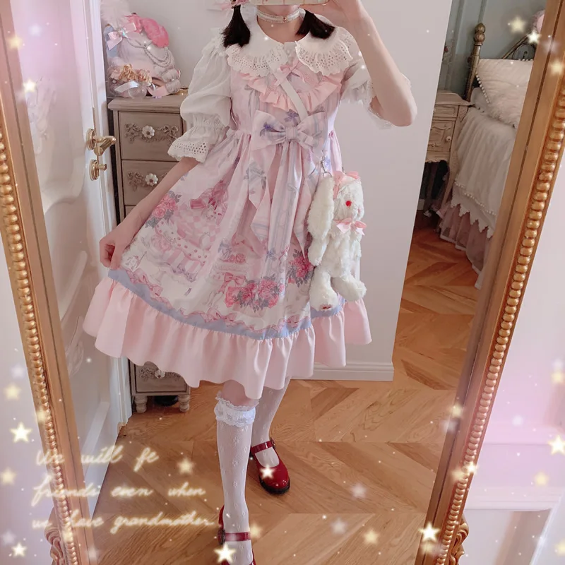 Princess sweet lolita dress Bobon21 Summer Printed sweet Soft sister Dresses high waist and round collar dress women D1751