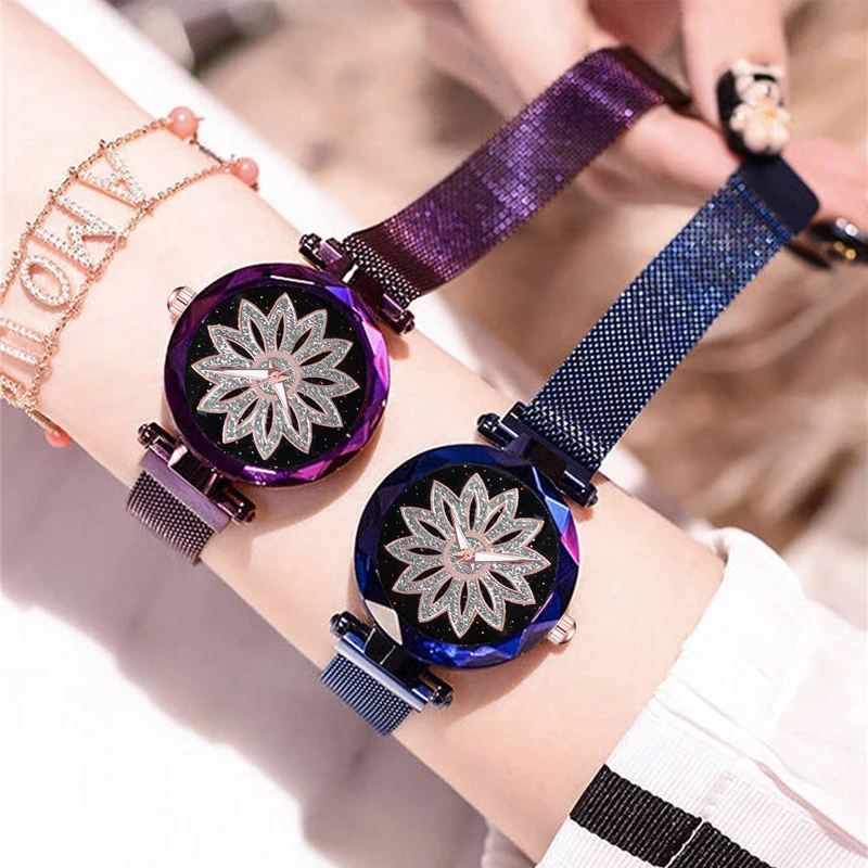 Fashion Women Starry Sky Magnet Buckle Watches for Women Flower Mesh Belt Quartz Wrist Watch Ladies Dress Watch relogio feminino