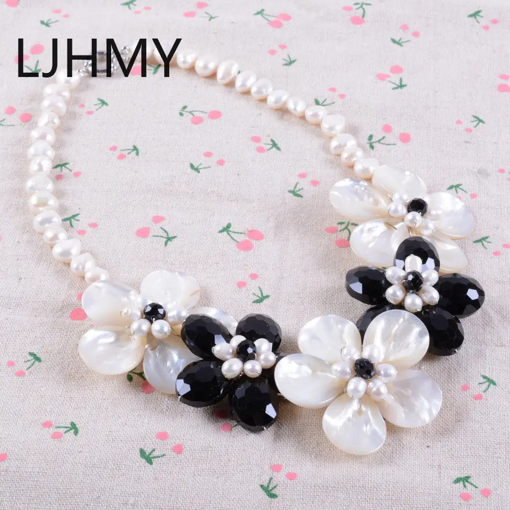 LJHMY NEW Mother of pearl MOP Faceted black agates flower necklace Women Wedding Party Necklace Gift