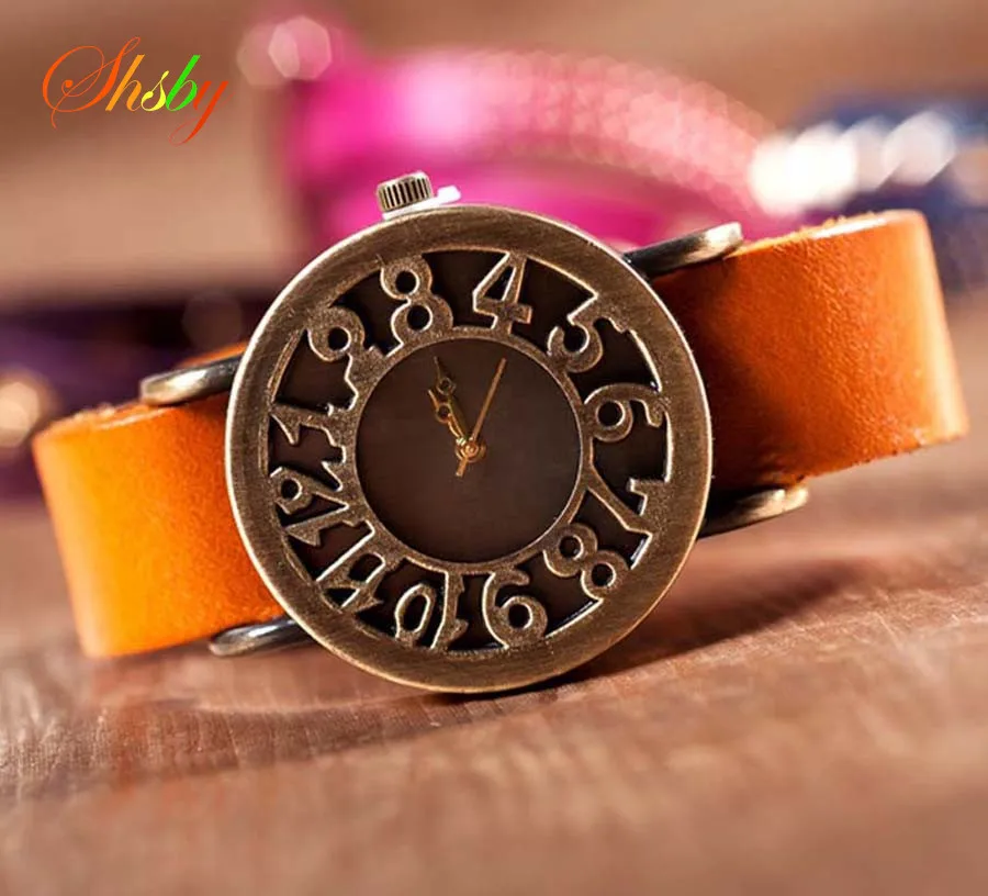 Shsby Nieuwe Roma Stijl Vintage Digital Hollow Out Echt Koe Lederen Band Horloges Vrouwen Jurk Horloges Vrouwelijke Quartz Horloge