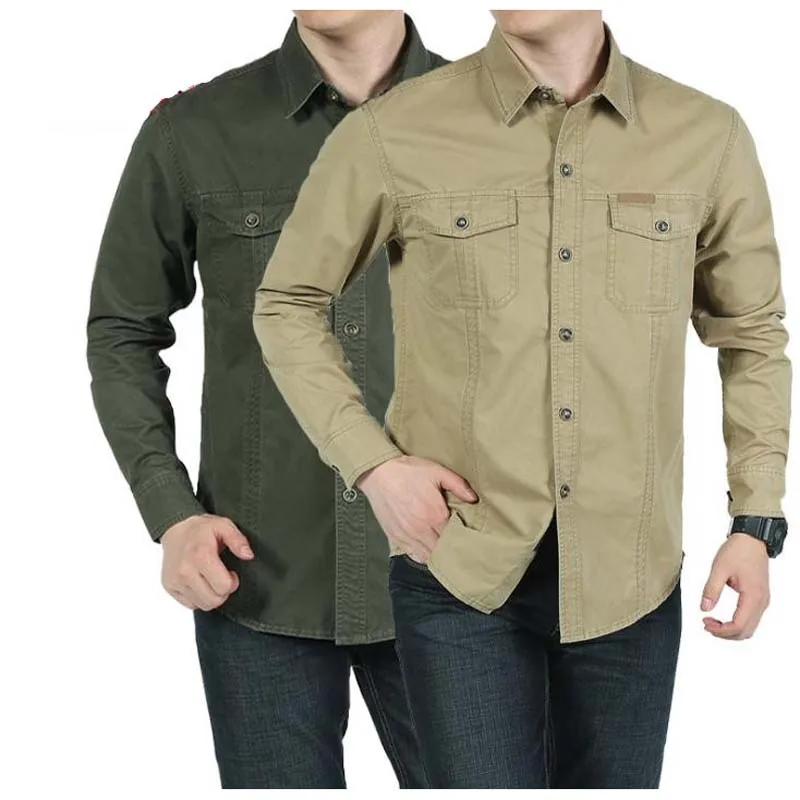 Military Style Men\'s Shirt Loose  Leisure Cotton Pure Color Shirts Big Size Tops Man wear Clothes Black/Army Green/Khaki M-5XL