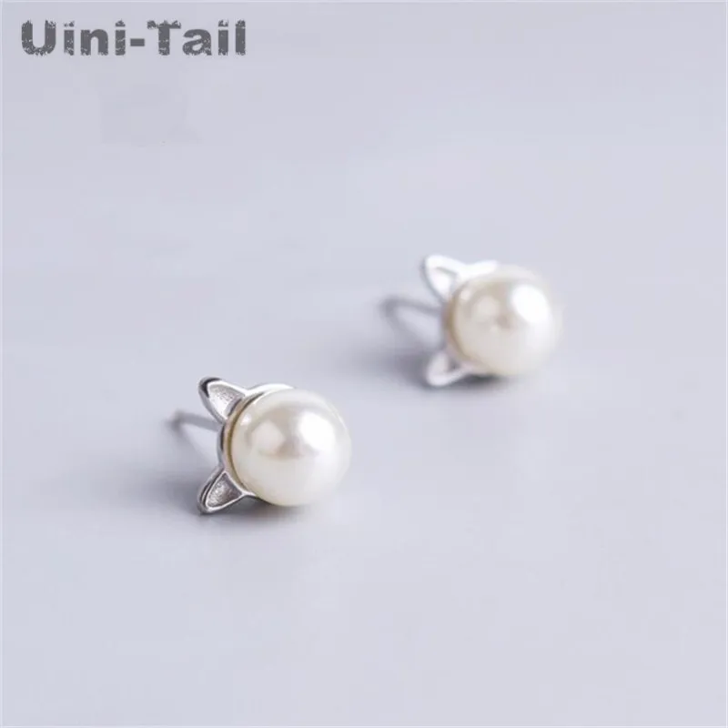 Серьги Uini-Tail из серебра 925 пробы в виде тибетского кота с жемчугом