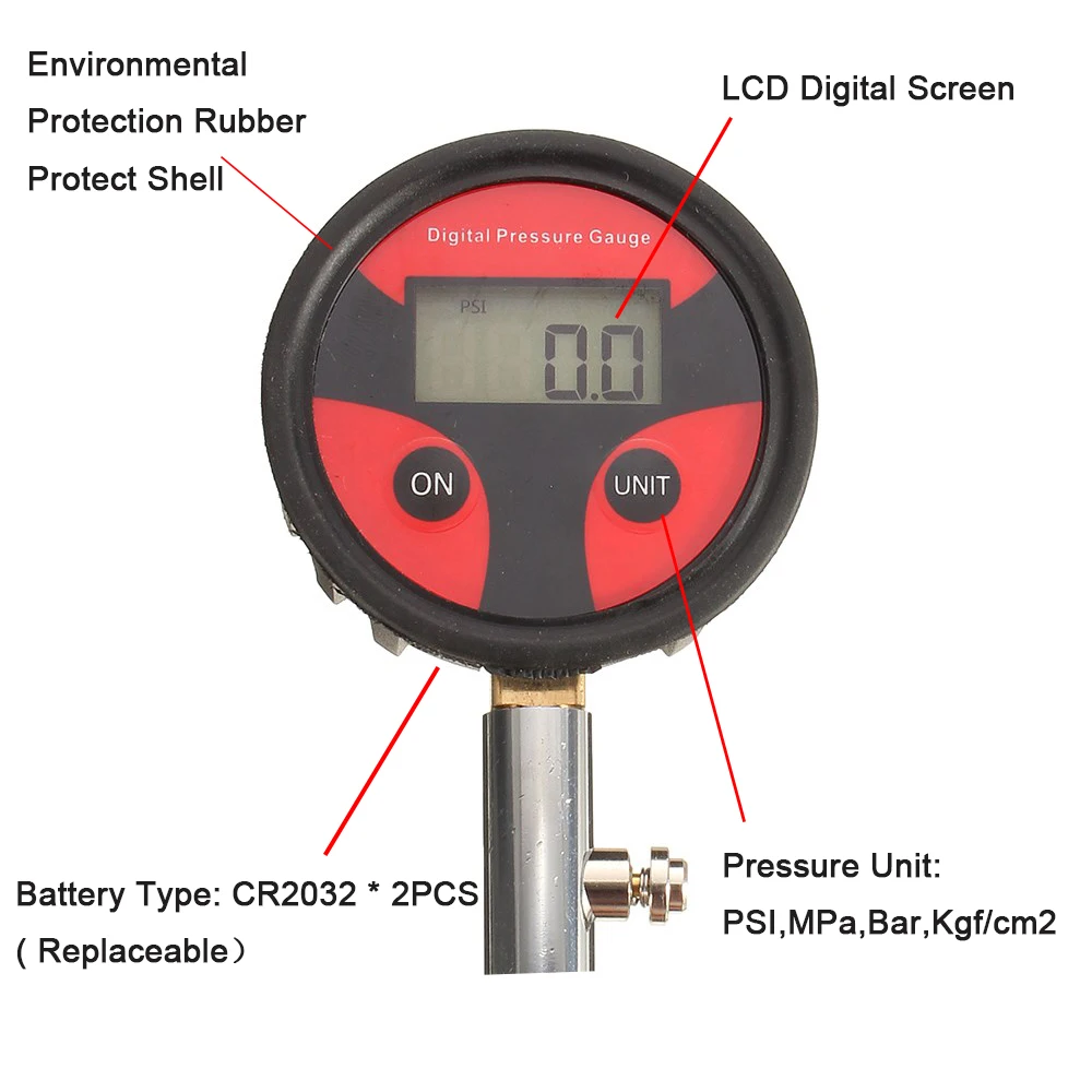 Auto Motorcycle Car Cycle Truck Tire LCD Digital Pressure Gauge With Tire Core 2x Built-in CR2032