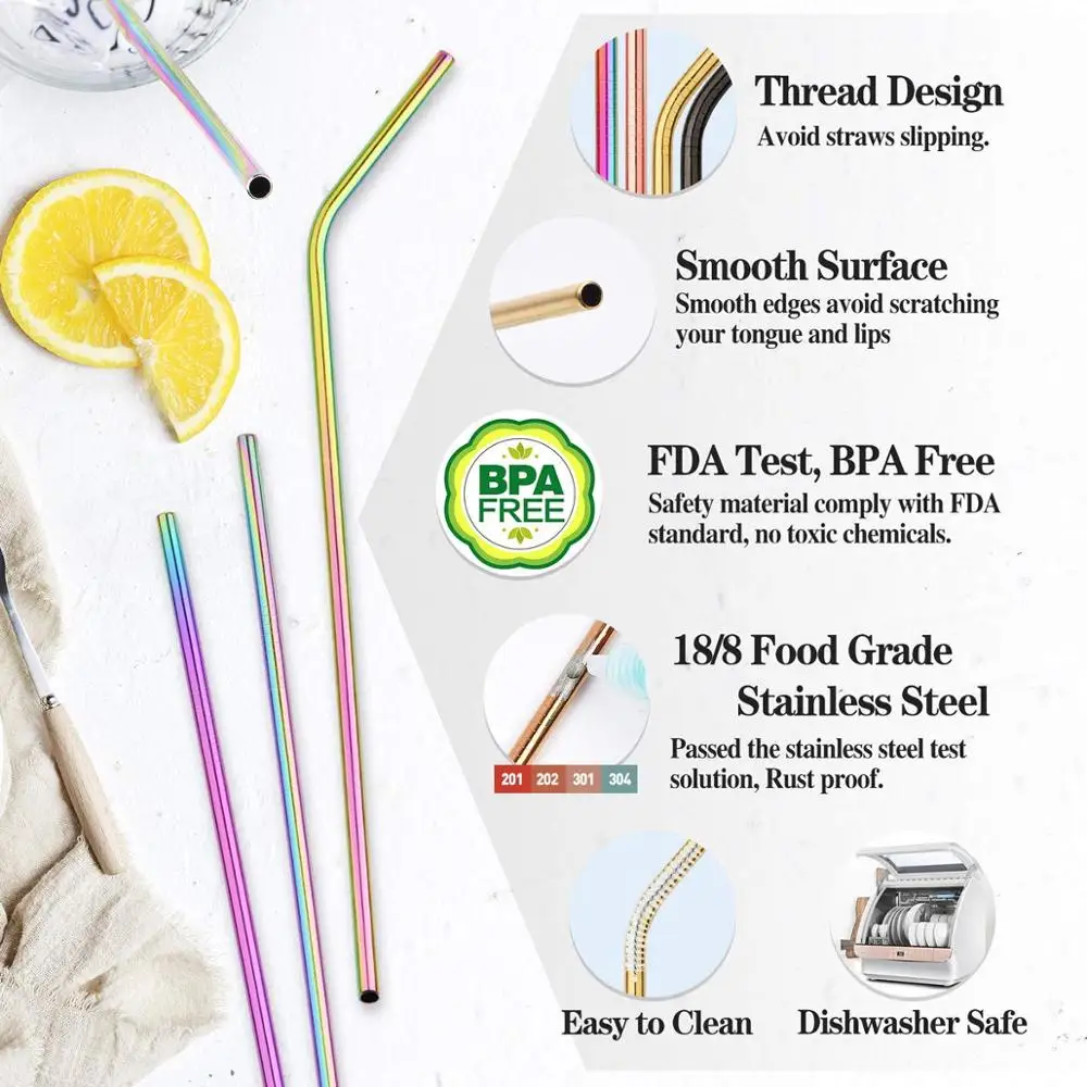 Reusable Drinking Straw 304 Stainless Steel Straws Straight Bent Metal Straw with Cleaner Brush Pouch Wholesale