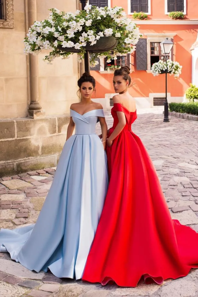 Elegante Ice Blue Avondjurken 2023 Satin Off Shoulder Rood Een Lijn Sweep Trein Eenvoudige Pleats Prom Formele Gowns Abendkleider