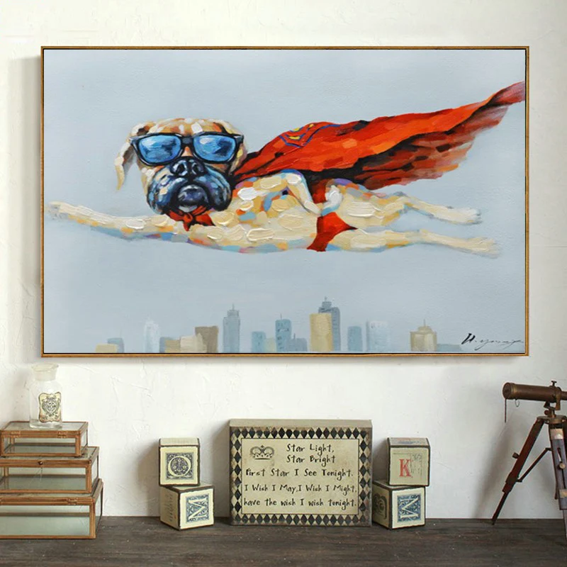 

Canvas Painting Artist Handmade Modern Picture Flying Hero Dog Oil Paintings On Canvas Funny Bulldog Oil Painting For Wall Decor