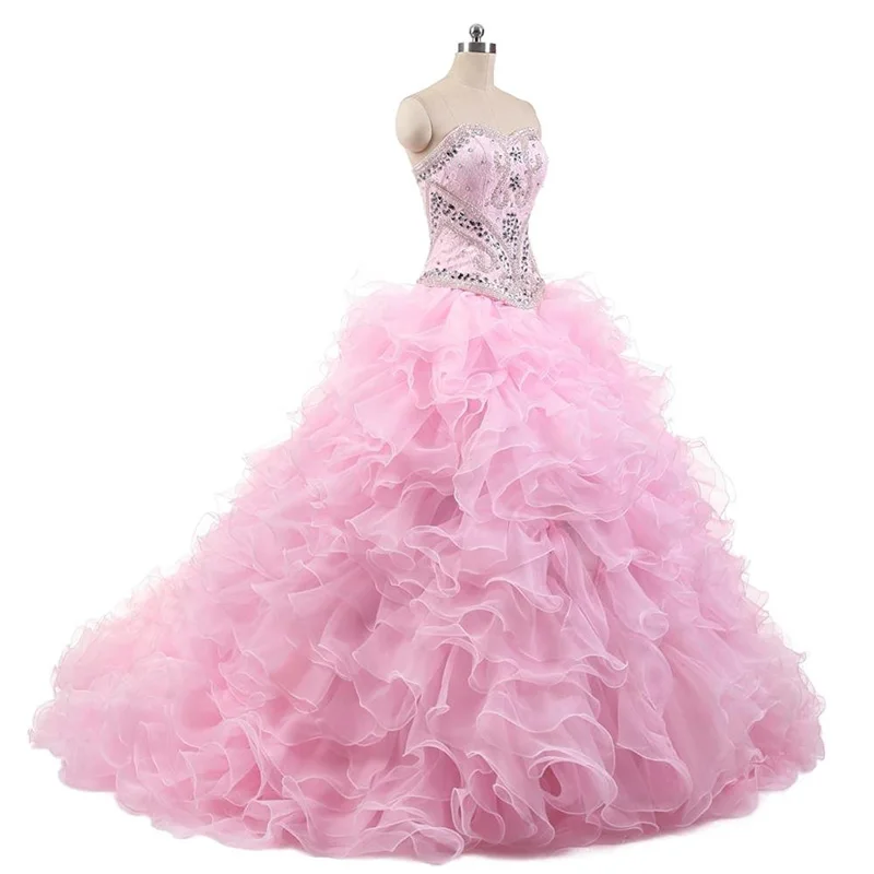 Nieuwe Echte Roze Tweedelige Baljurk Quinceanera Jurken 2019 Sweetheart Organza Ruches Met Korte Rok Vestidos De Quinceañeras