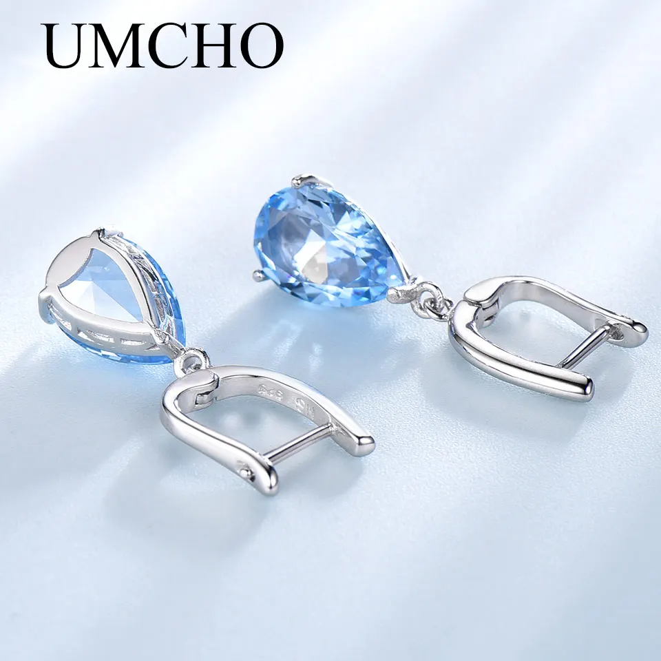 UMCHO Genuine 925 Sterling Silver Clip Earrings for Women Nano Blue Topaz Gemstone Engagement Wedding Anniversary Fine Jewelry