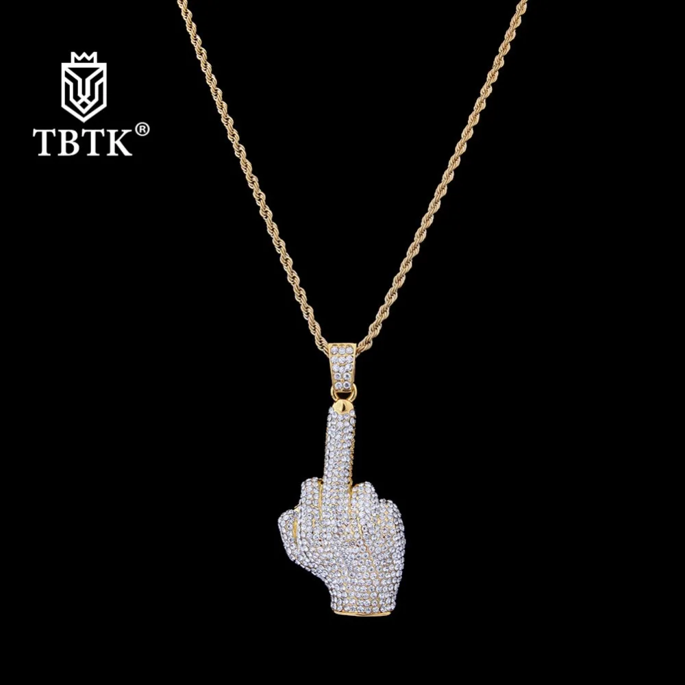 TBTK Western Street Style HipHop Necklace Erect Middle Finger Shape Pendant Rock Man Cool Girl Jewelry Paved Full of Zircon