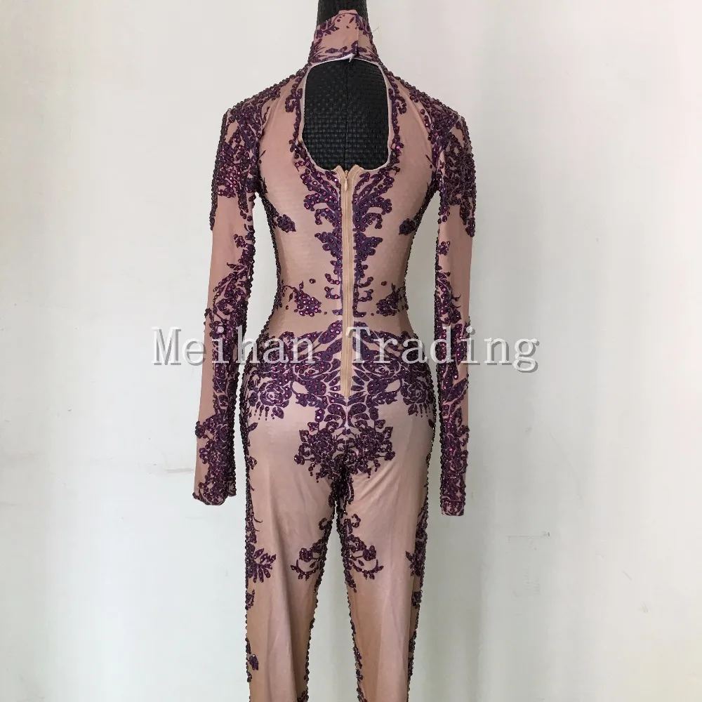 Hot Fashion Sexy Purple Bodysuit Rhinestones Jumpsuits Nightclub Dance Wear Long Sleeve Bodysuit Costume Female Party Wear