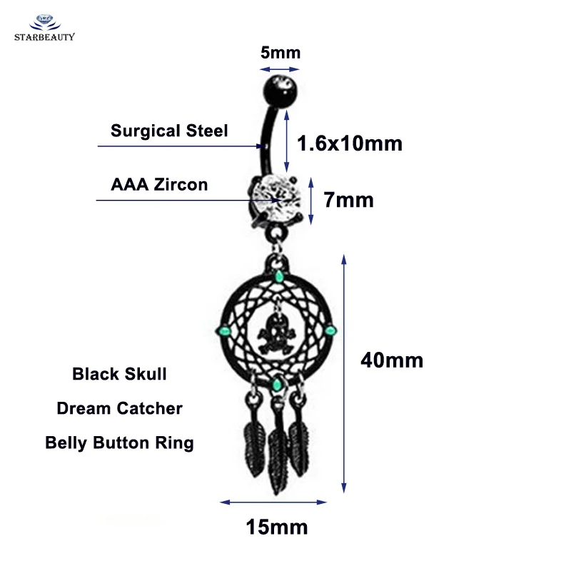 Dreamer Net Black Skull Navel Piercing Nombril Belly Button Rings Body Piercing Ombligo Sexy Leaves Navel Pirsing Jewelry M281