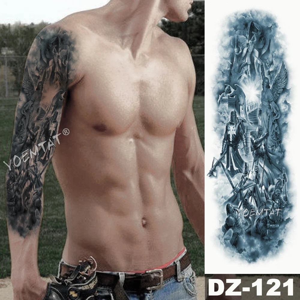 Large Arm Sleeve Tattoo Rose Rosary Virgin Mary Waterproof Temporary Tattoo Sticker Saint Angel Men Full Skull Totem Tatoo image 4