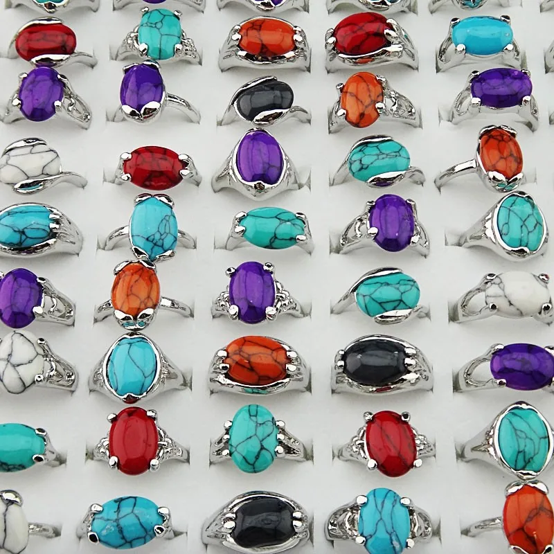 Wholesale Lots 50pcs Vintage Red Green Blue White Orange Oval Turquoise Stones Silver P Womens Rings Fashion Jewelry  A2104