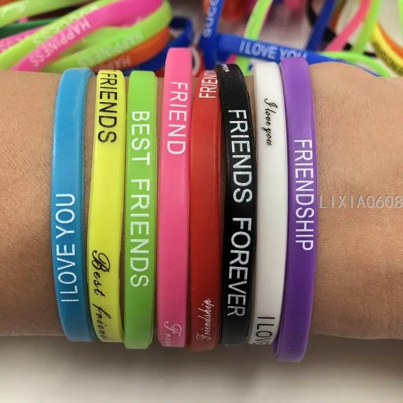 Pack of 200pcs Multicolor Love Friednship Style Wrist Cuff Power Silicone Bracelet elasticity