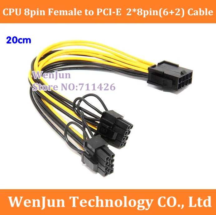 High Quality 20cm CPU 8pin female to Dual  PCI-E 8pin(6+2) Video Card Power Adapter Cable free shipping