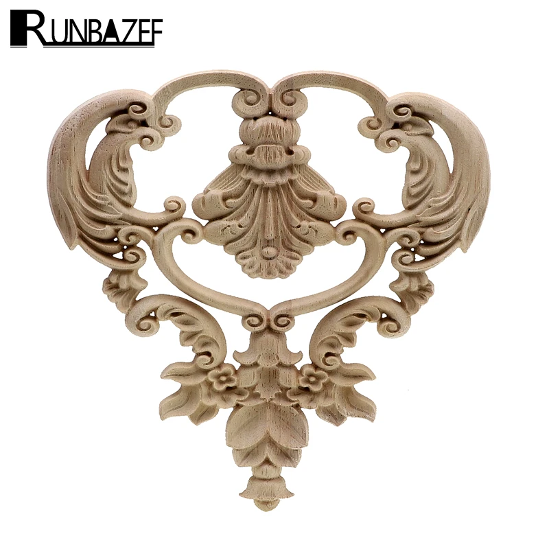 RUNBAZEF Vintage Wood Carved Decal Corner Onlay Applique Frame Furniture Wall Unpainted Home Decoration Door Decor Crafts Square