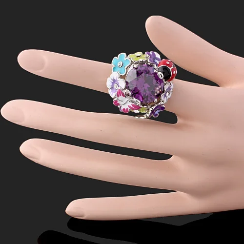 CHRAN Classic Silver Plated Enamel Flower Crystal Wedding Rings for Women Lovely Butterfly Cubic Zirconia Ladies Promised Ring