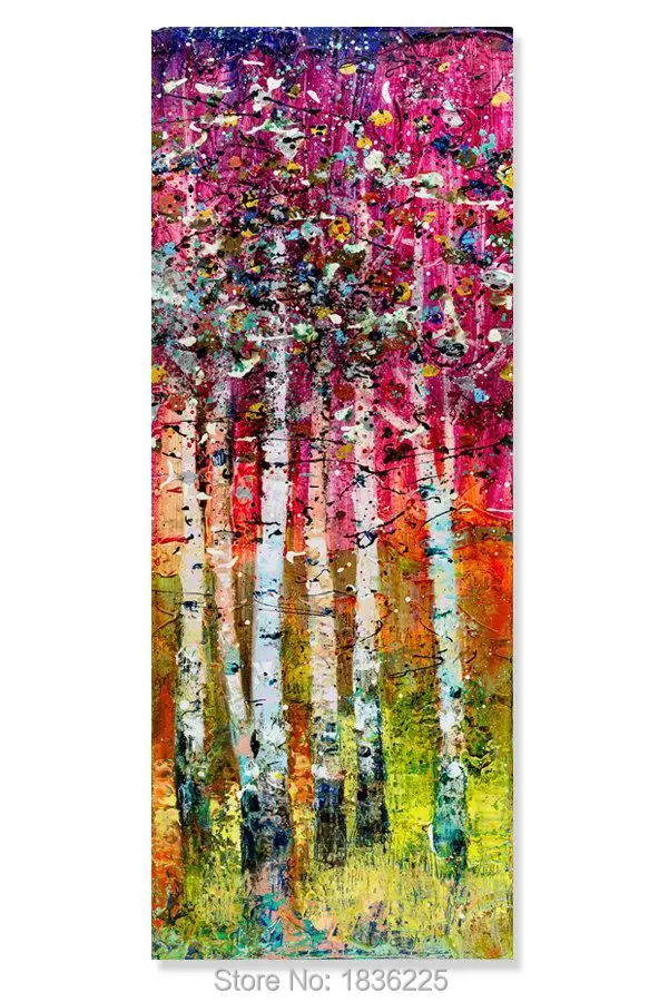 

Handmade High Quality Decoration Abstract Knife Oil painting Birch Forest Landscape Painting Modern Red Tree Wall Art Picture