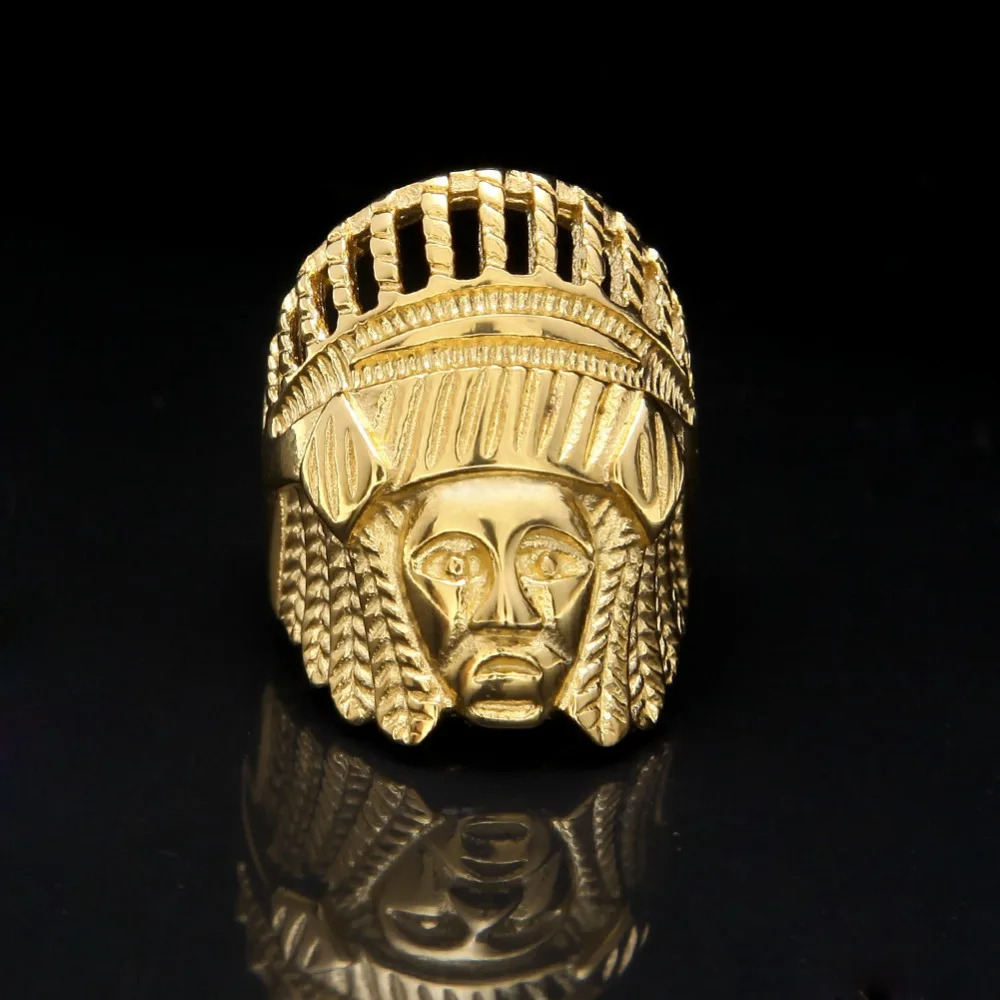 THE BLING KING Indian Chief Head Punk Rings Vintage Stainless Steel Size 7-14 Available Gold Color Hiphop Ring Jewelry For Men