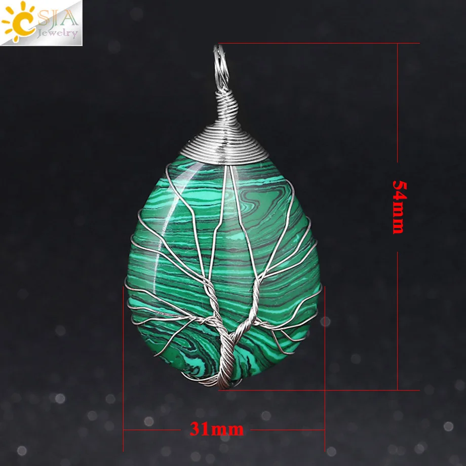 CSJA Natural Stone Pink Quartz Necklace & Pendant Silver-color Tree of Life Wire Wrapped Water Drop Shape for Women Jewelry F122