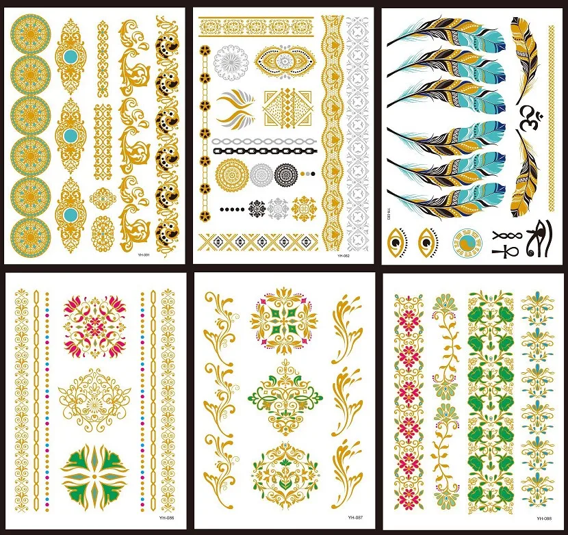 Wholesale 500pcs Gold Flash Tattoo Sticker Metallic Temporary Tattoo Tribal Totem YH 21cm Waterproof Body Tatuajes free shipping