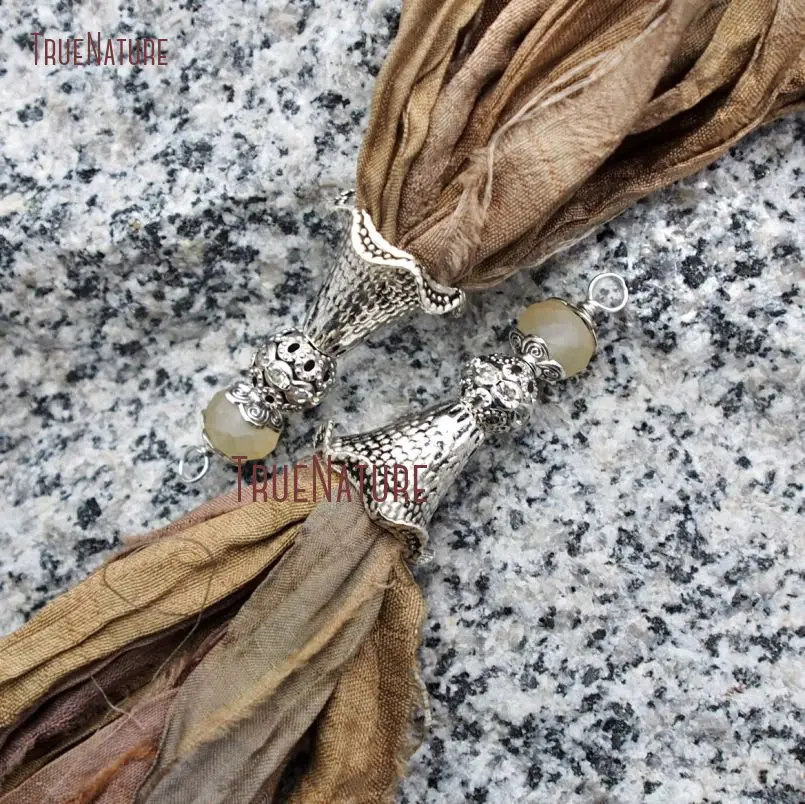 Unique Design Oxidized Silver Tulip Cap Fallen Leaf Color Sari Silk Tassel Pendant Hollow Zircon Pave Ball In 6.8 inch PM9121