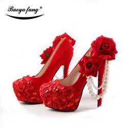 New Arrival Red color Flock Women wedding shoes Bride 8cm/11cm/14cm high heels platform shoes Bridal Big Flower shoe Red sole