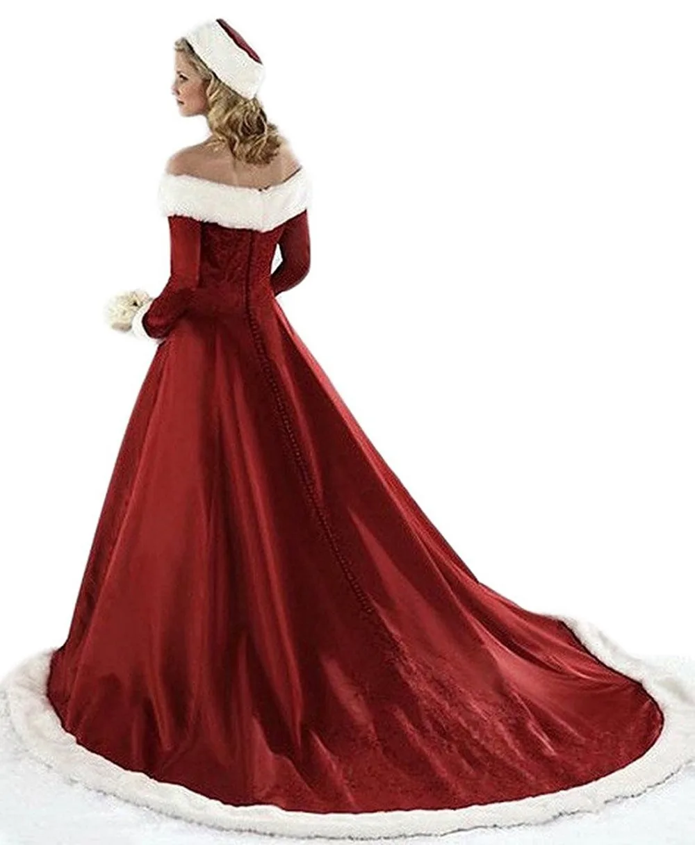 2019 New Women's Christmas Wedding Dresses Plus Size Long Sleeve Winter Satin With Faux Fur Bridal Gown