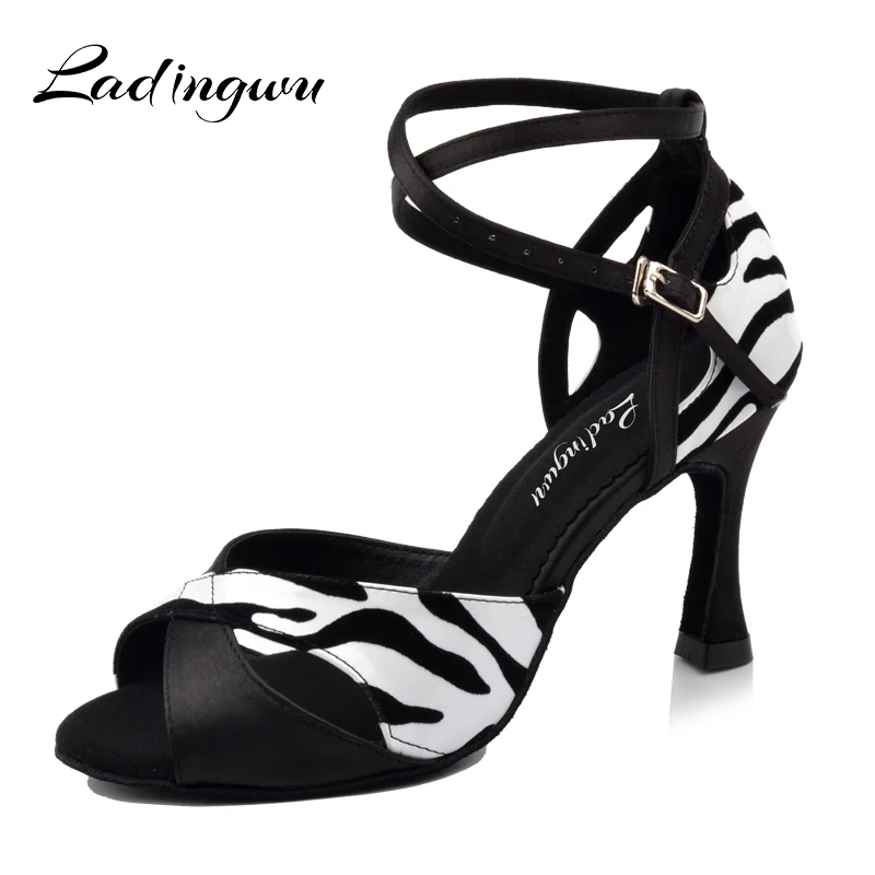 Ladingwu-Chaussures de brevLatine pour Femme, Satin Noir, Talon Haut, Texture Zèbre, PU, ix, Salle de Bal, Été, Nouveau