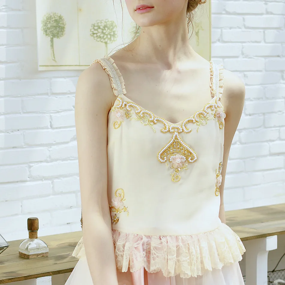 LYNETTE'S CHINOISERIE Summer Original Design Women Chiffon Lace Beading Mori Girls All-match Camis