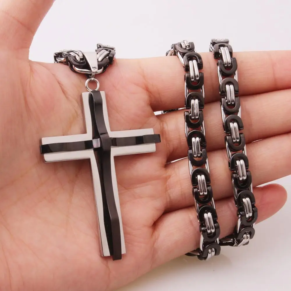 Christian Jesus Crucifix Pendant Necklaces Mens Gifts Heavy Stainless Steel Byzantine Link Chains Male Metal Religious Jewelry