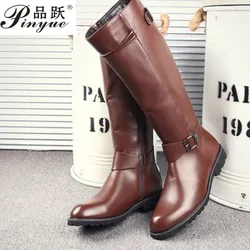 Leather Boots Fur High Top Casual Shoes Men Male Boots over the knee Botas Brand Motorcycle Boots