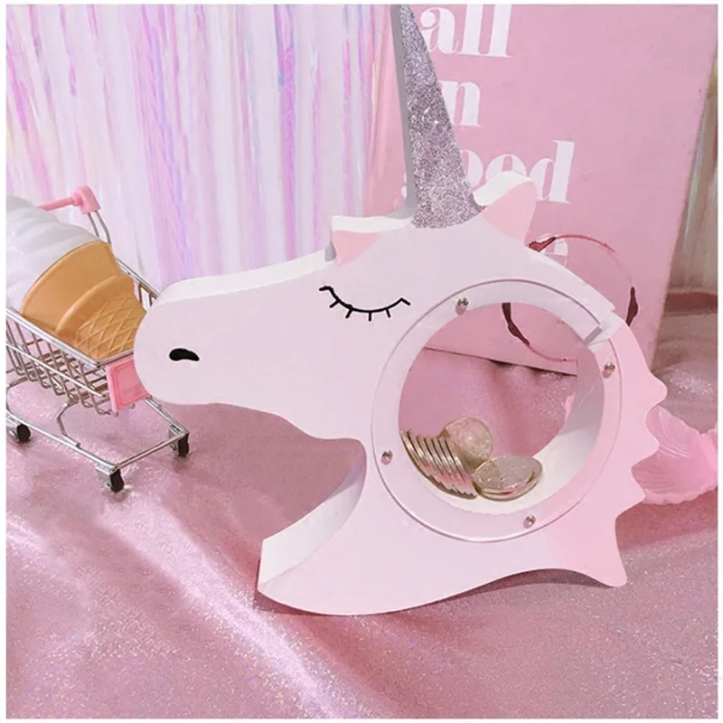 1PC New Unicorn Money Boxes Transparent Wooden Piggy Bank coin box Kids Gift Children \'s Room Decoration MA 001