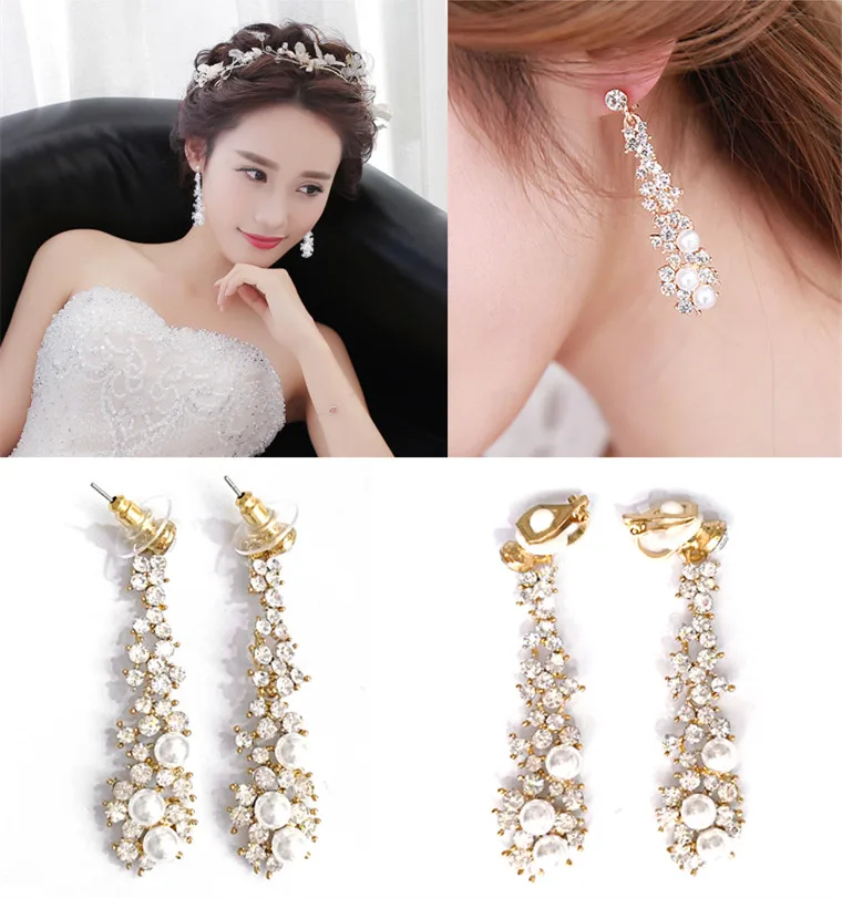 Joyería de boda de lujo para novia, pendientes de Clip de cristal de diamantes de imitación, pendientes largos de perlas de imitación sin Clip de oreja perforado
