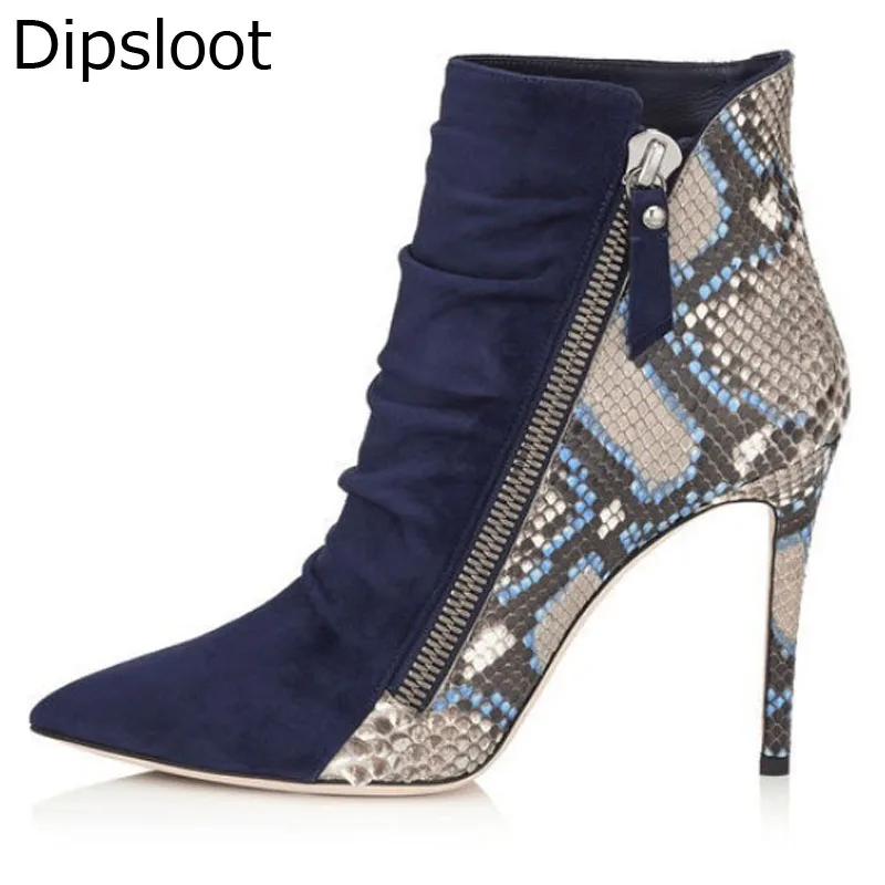 

Sexy Python Leather Patched Pleated Suede Pointed Toe Ankle Boots Stiletto Heels Boots Women Slant Zip Short Bottines