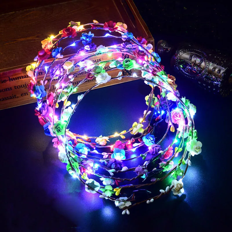 200pcs Led Flower Wreath Headband Crown Festival Floral Garland for Park Wedding Headdress Glow Hair Band Decor